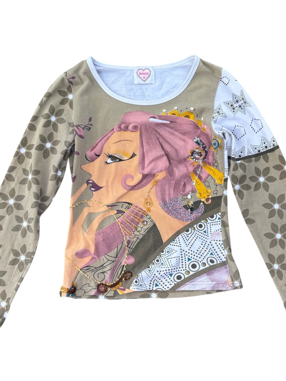 Passion Graphic Long Sleeve Top in Taupe & Pink - S